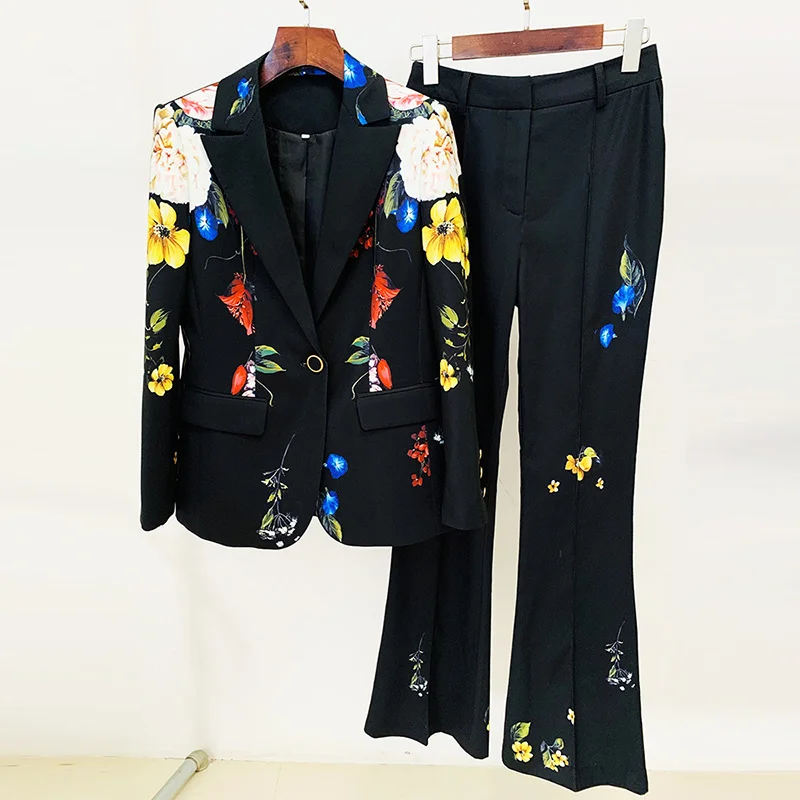 Nigikala Nigikala New Star Temperament Fashion Digital Print A Buckle Suit Horn Trousers Set