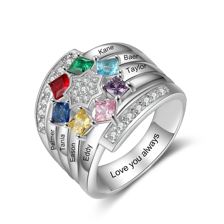 Personalized Mothers Ring With 7 Birthstones Engraved Names Ring Gift For Women