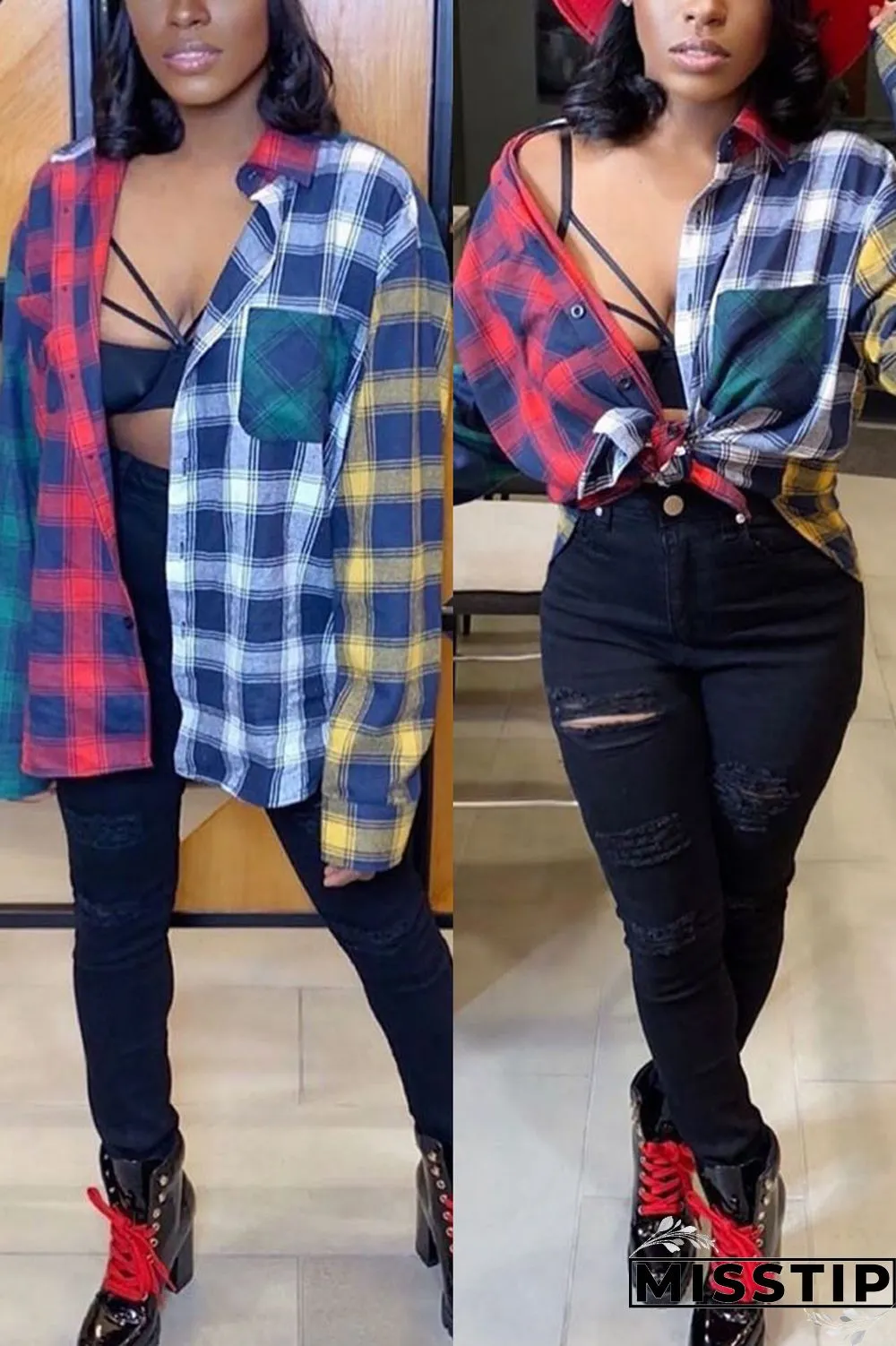 multicolor Fashion Casual Blends Plaid Patchwork Print Patchwork Buttons Cardigan Shirt Collar Tops