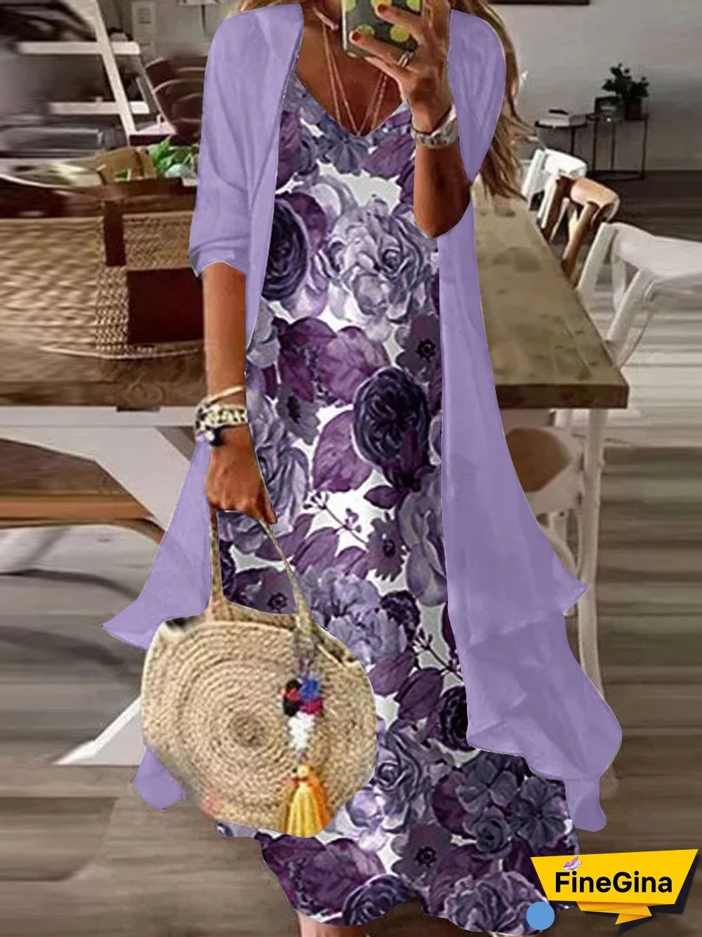 Women Half Sleeve V-neck Floral Printed Two-Piece Maxi Dress