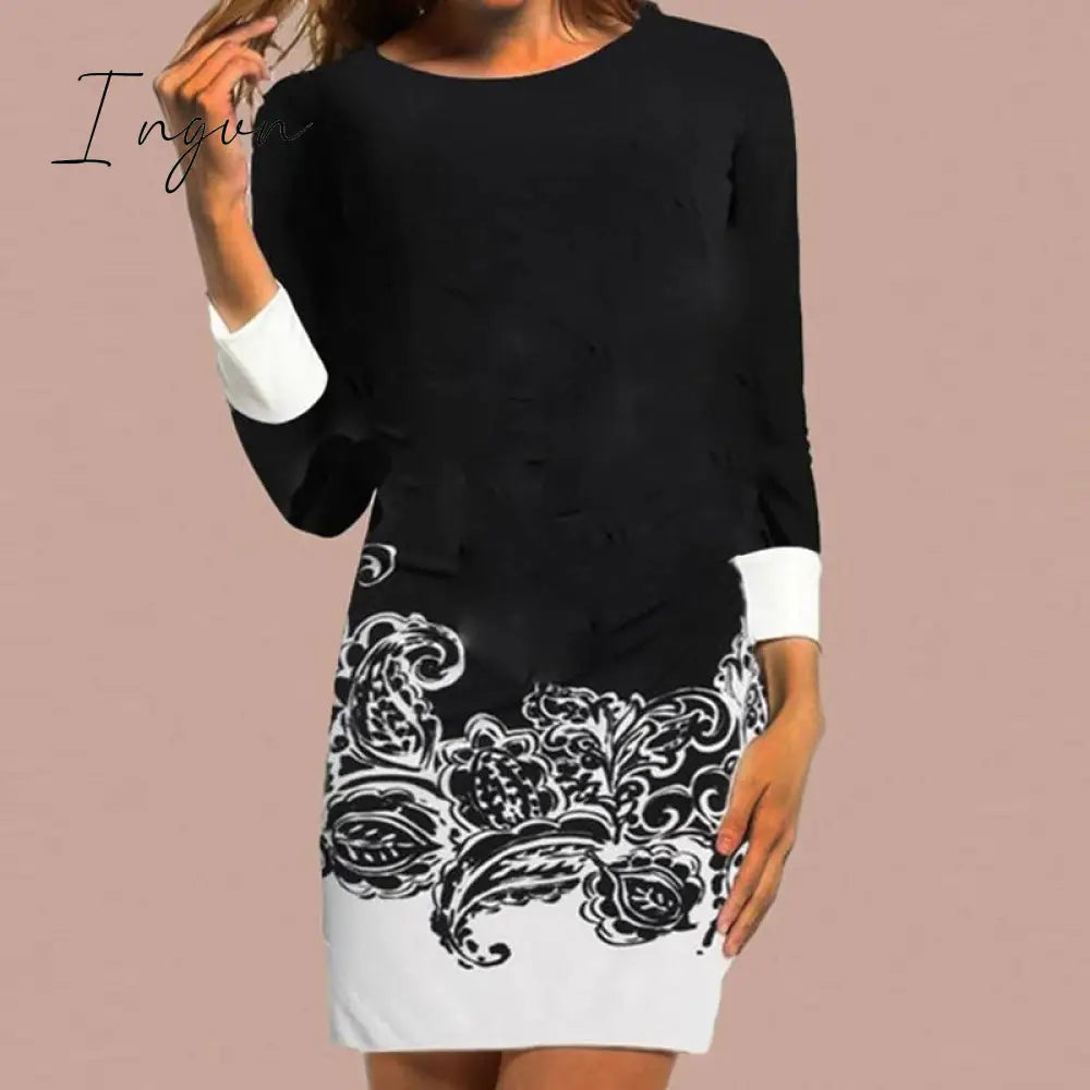Ingvn - Autumn Women Elegant Floral Print Patchwork Dress Casual Long Sleeve Straight Dresses