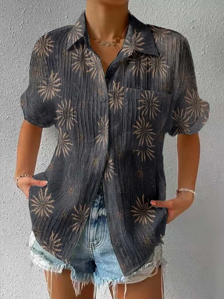 Womens Art Floral Pattern Short Sleeve Textured Shirt