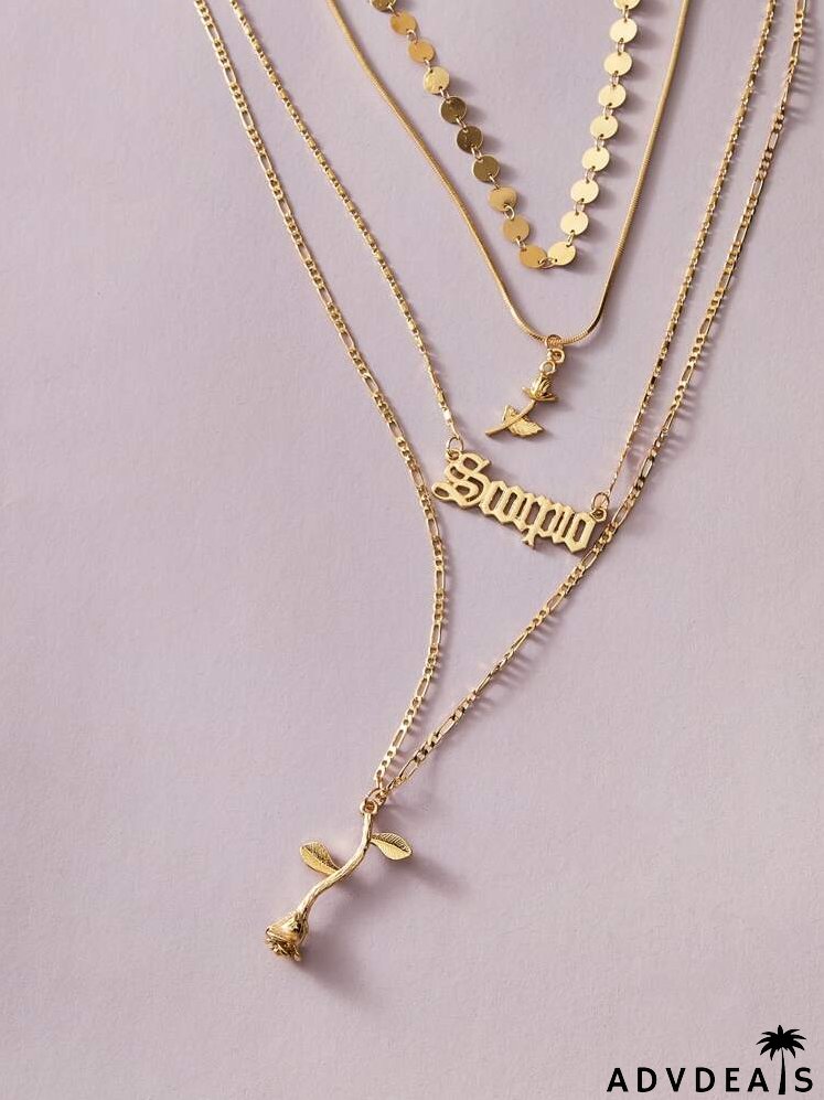 3pcs Rose & Letter Charm Necklace