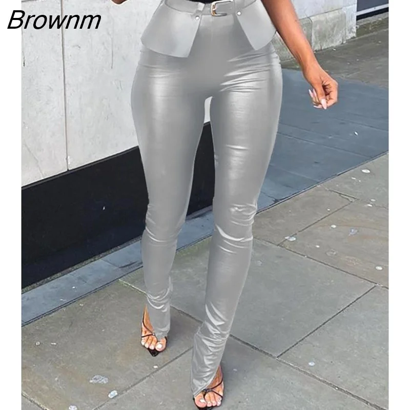 Brownm Women Sexy Solid Color PU Slit Skinny Pants With Belt