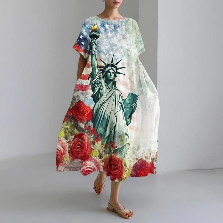 VChics Watercolor Rose & Statue Of Liberty Print Women's Maxi Dress