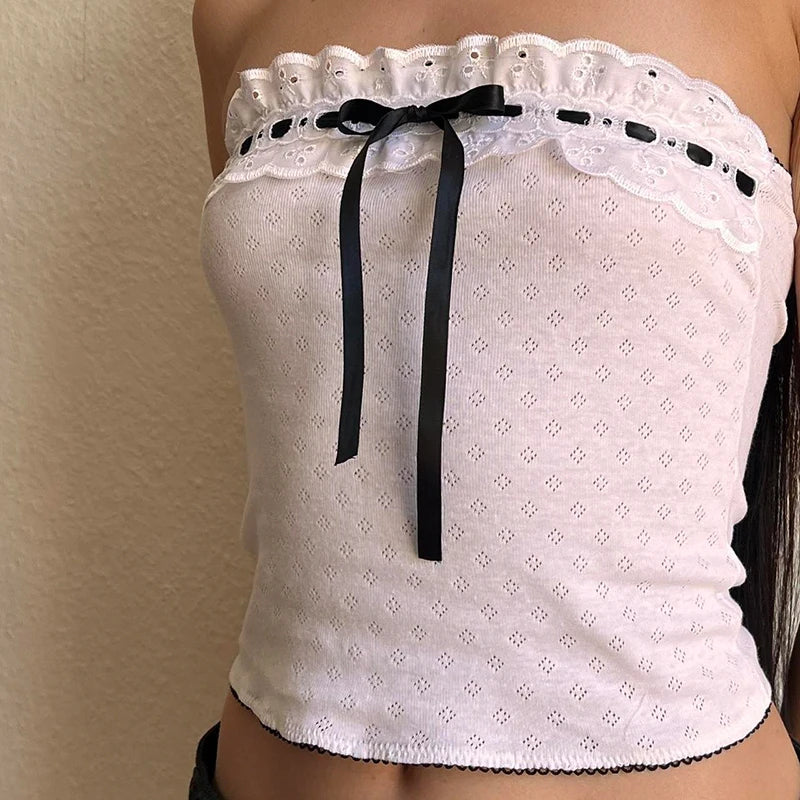 IAMHOTTY Jacquard Ribbons Lace-up Kawaii Tube Top Lolita Style Strapless Tank Tops Coquette Aesthetic Casual Corset Y2K Camis LANFUBEISI