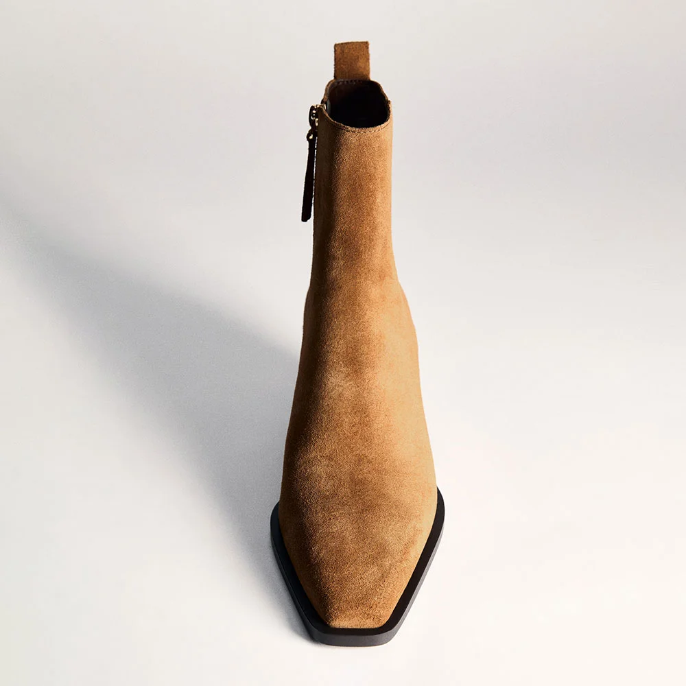 Brown Vegan Suede Chunky Heel Square Toe Zipped Booties for Women