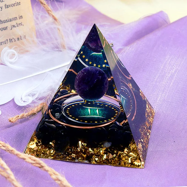 olivenorma Gemini orgone pyramid with amethyst and obsidian