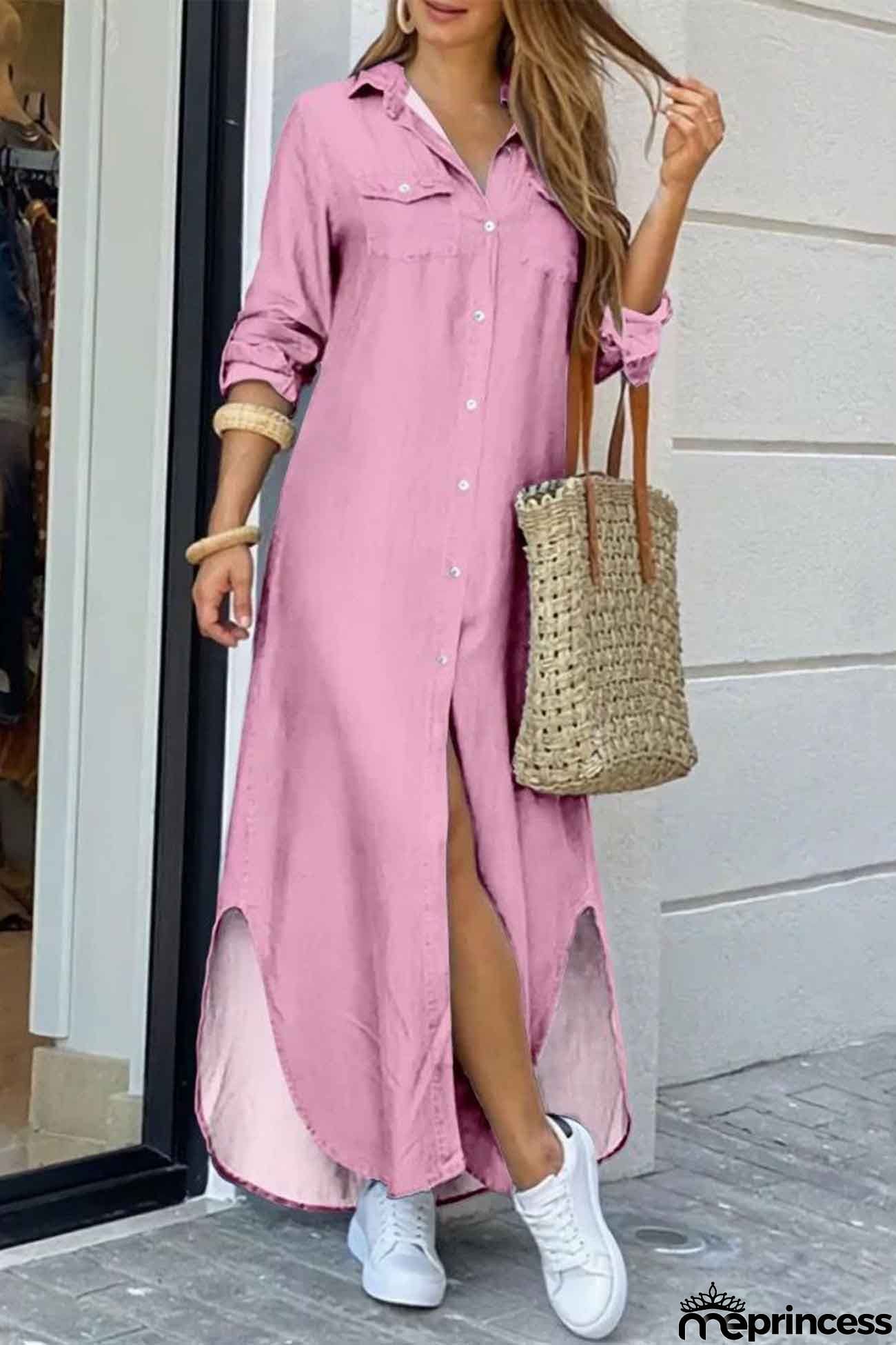 Long Sleeve Button Up Pocket Shirt Dress