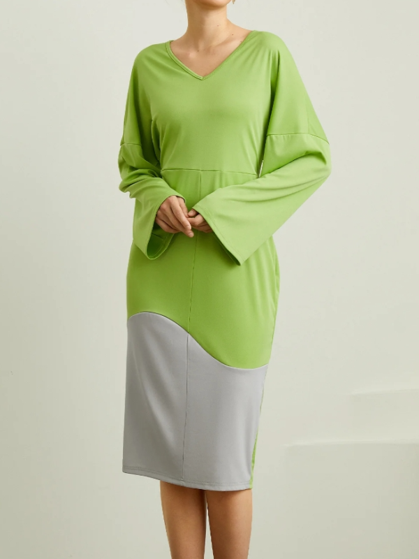 V-Neck Splicing Contrasting Long Sleeve Midi Dress