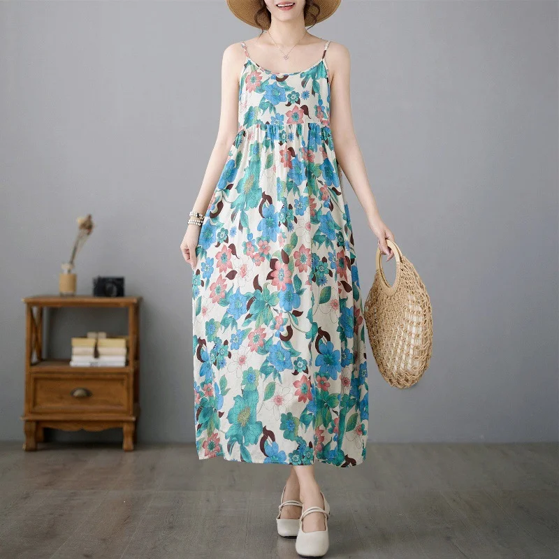 Uveng Uveng Summer New Literary And Art Large Print Cotton Dress Women's National Style Sleeveless Slings Long Skirt
