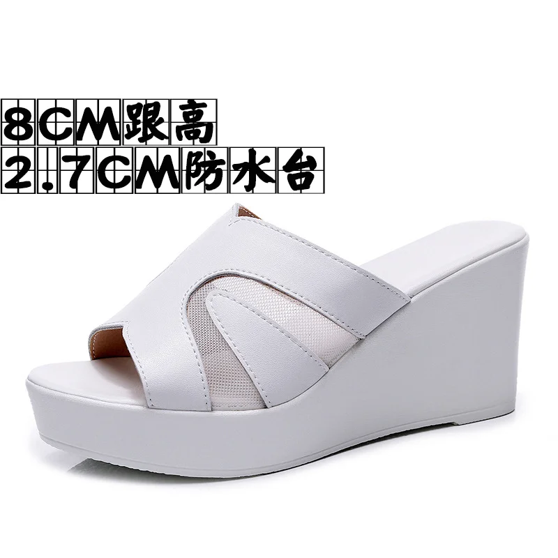 Breakj Breakj Outside The Slope And A Word Drag Summer New Pine Cake Thick Bottom Waterproof Table Hollow High And Fish Mouth Mesh Slippers Woman