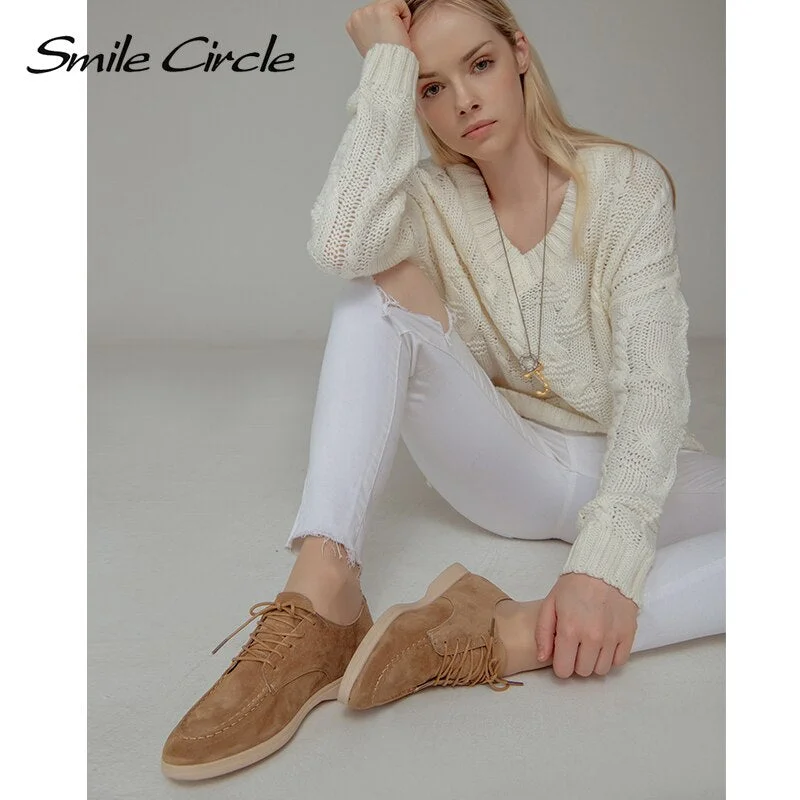 Smile Circle suede leather women loafers flat shoes autumn ladies shoes cross straps cool tide color large size 36-41