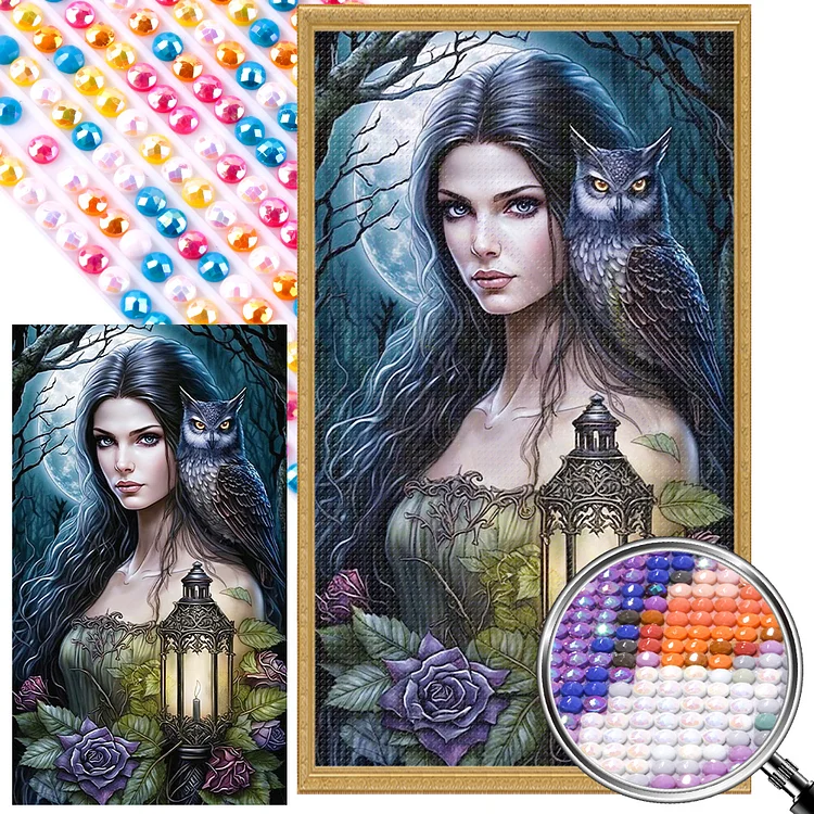 Partial AB Drill - Full Round Diamond Painting - The Lady With The Lamp And The Owl 40*70CM