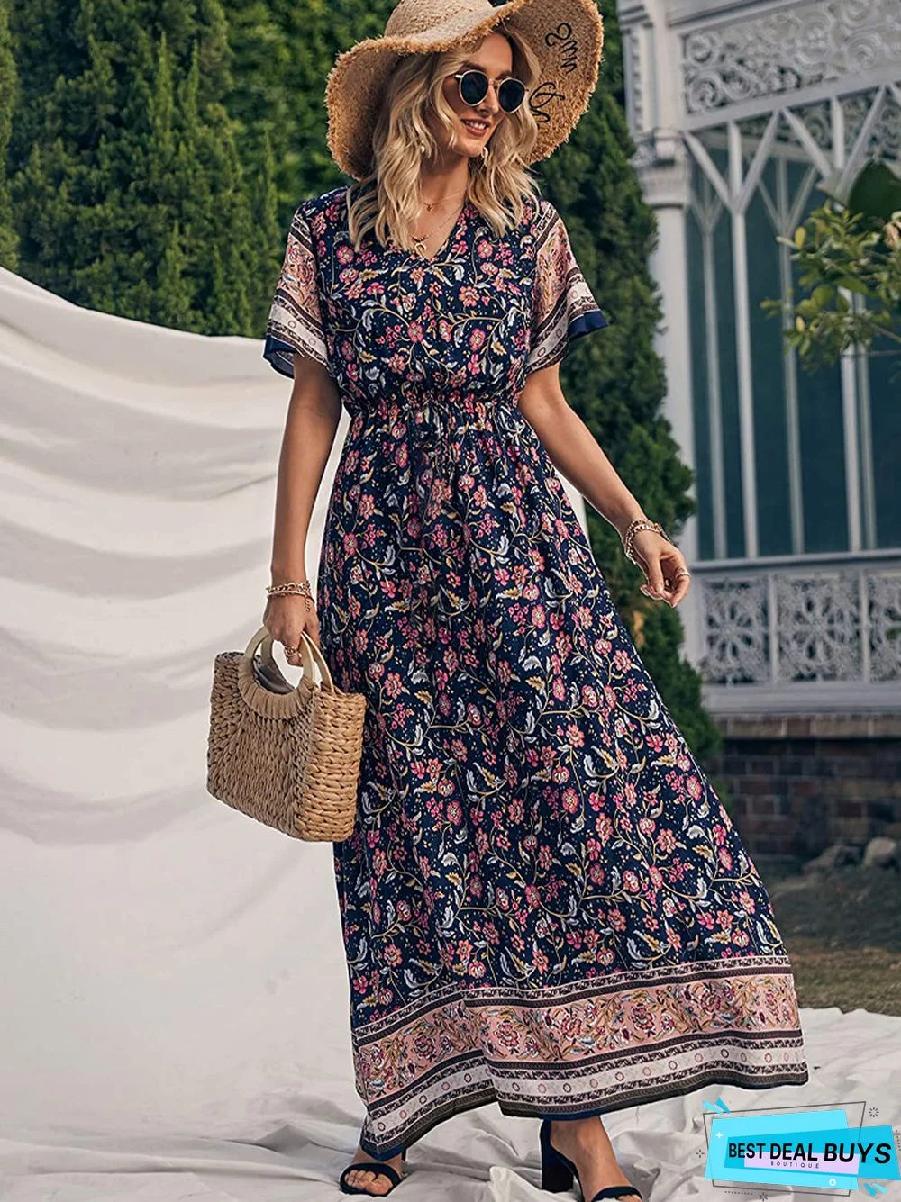 Bohemian Print V-neck Waist Dress Resort Beach Dress