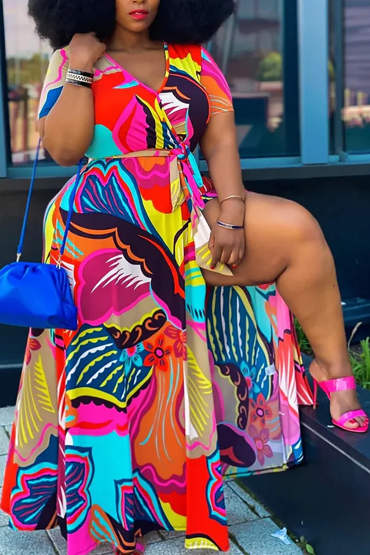 Plus Size Multicolor Daily All Over Print V Neck Loose Split Wrap Maxi Dresses 
