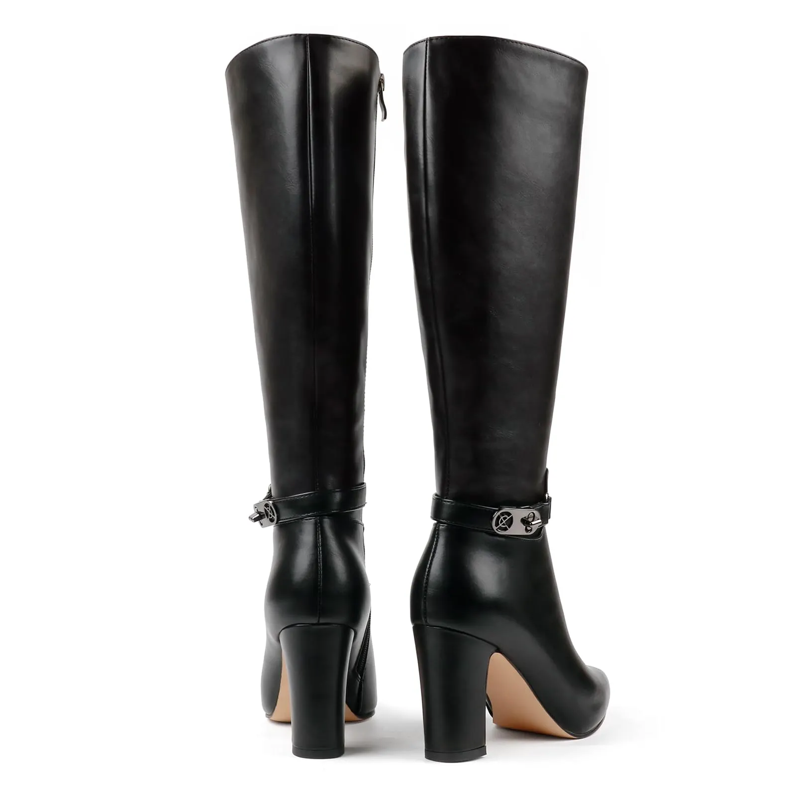 85mm/3.35 inch Women's matte high heel pointed toe buckle style casual zipper knee high boots-vocosishoes