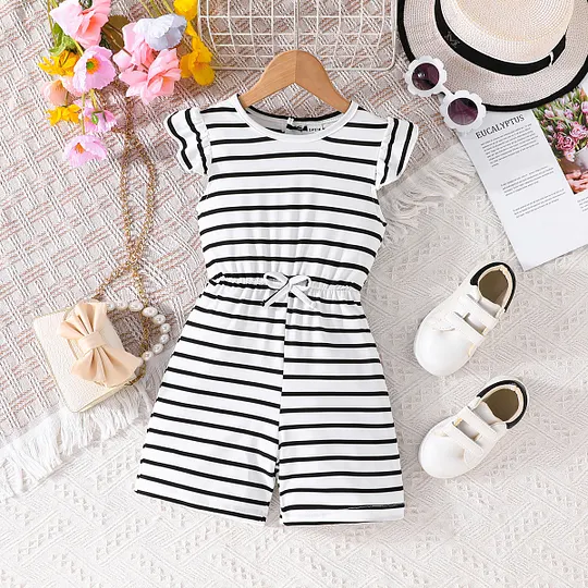 【3Y-7Y】Girls Casual Striped Jumpsuit