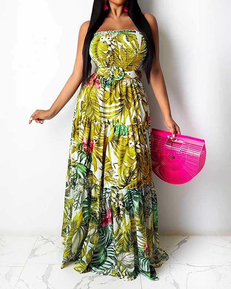 Floral Print Pleated Dress（With Belt)