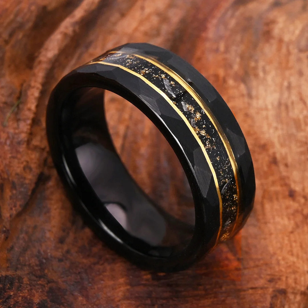 8MM Opel Men Tungsten Carbide Rings Fragments of Gold Foil and Meteorite Wedding Bands