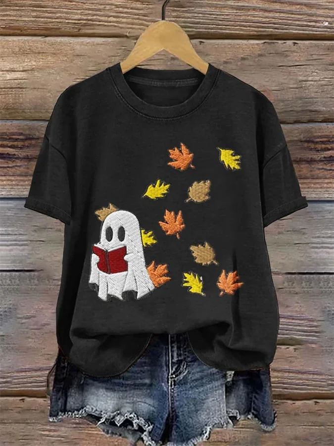 Women's Ghost Maple Leaf Halloween Art Print T-shirt