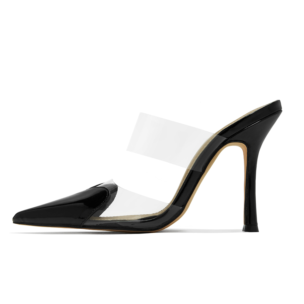 Black & Clear Pointed Toe 4'' Stiletto Heel Mules Nicepairs