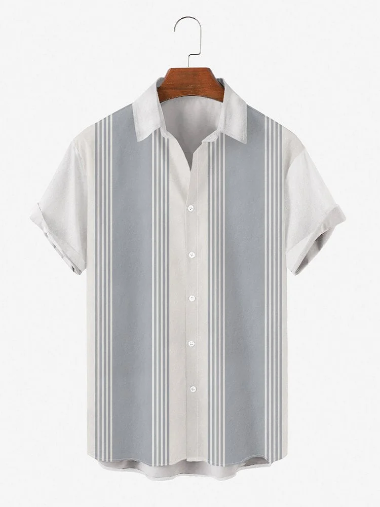 Mens Striped Print Round Hem Loose Short Sleeve Hawaiian Shirts