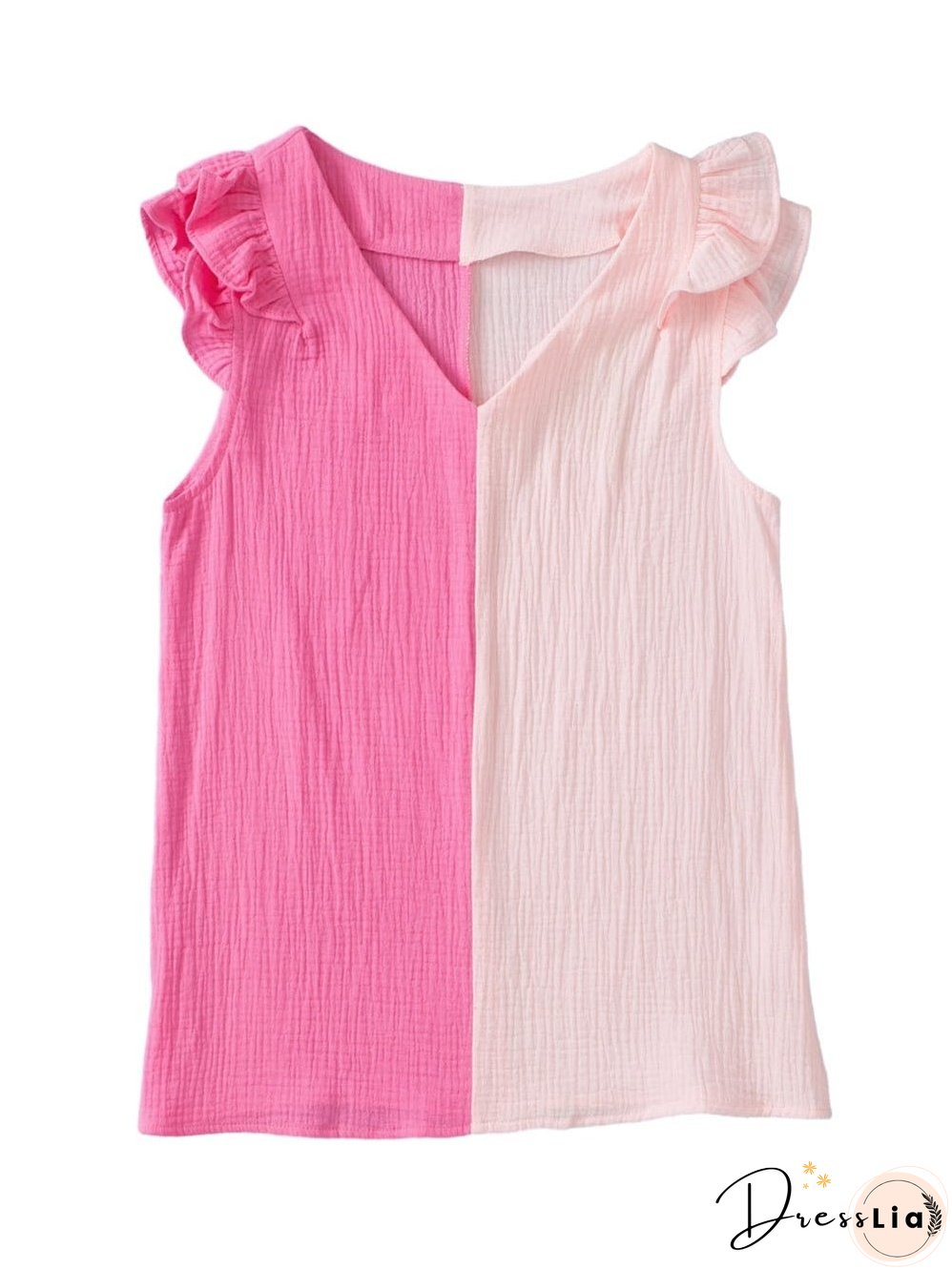 Pink Tiered Ruffle Sleeve Color Block Blouse