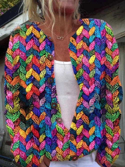 Colorful Funny Print Buttoned Cardigan Sweater