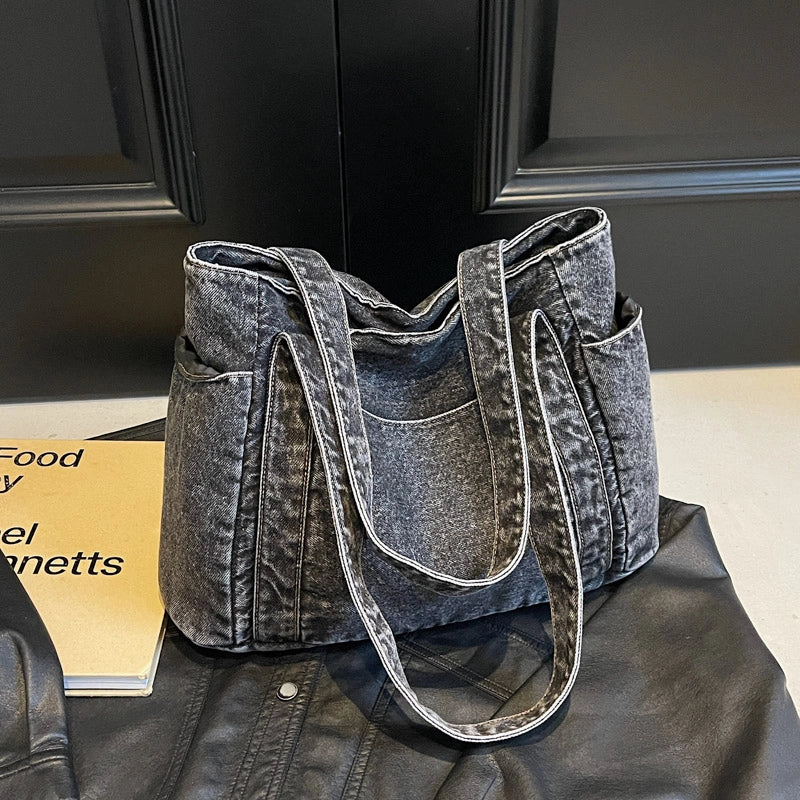 Women’s Denim Solid Color Classic Style Square Zipper Tote Bag