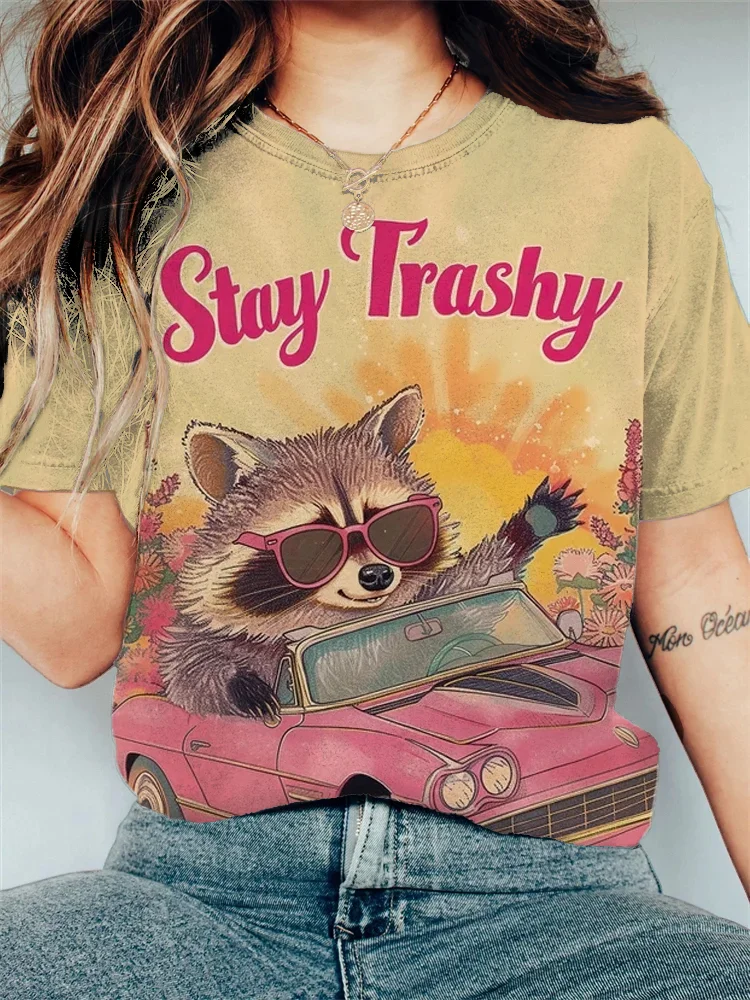 Women's Cool Raccoon Driving Art Print Casual T-Shirt