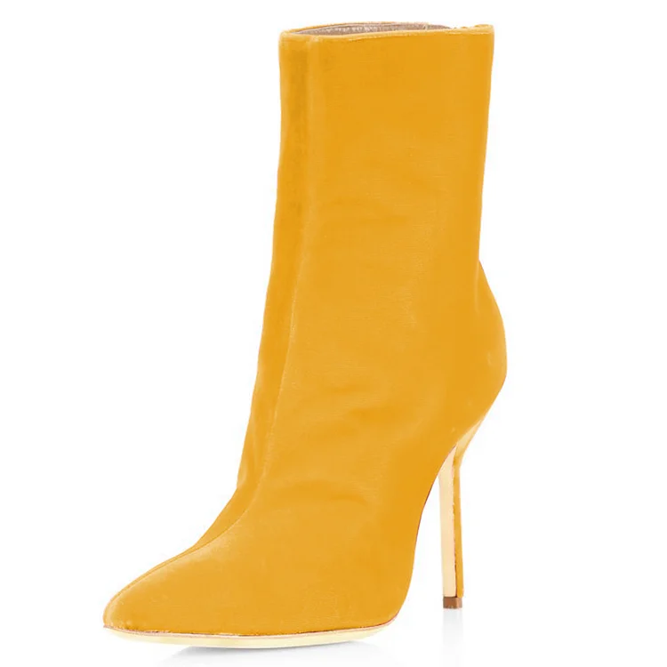 FSJ Yellow Velvet Boots Pointy Toe Stiletto Heel Ankle Boots |FSJ Shoes