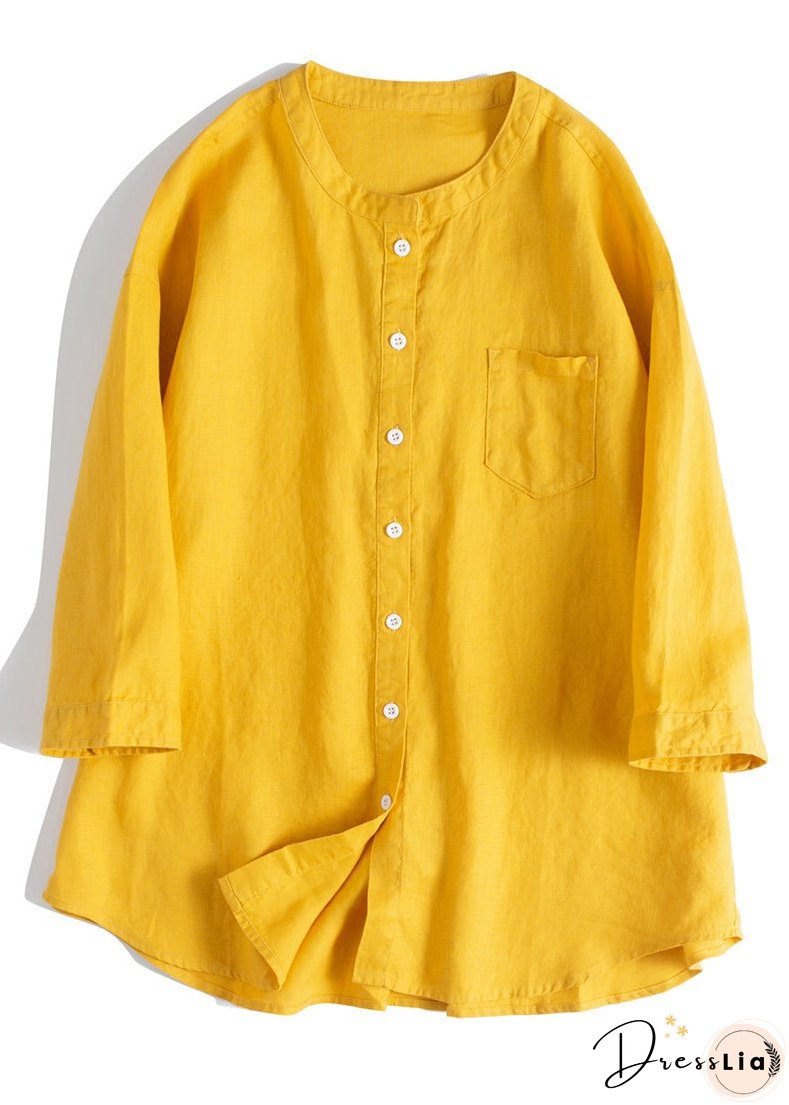 Simple Yellow O Neck Button Linen Blouses Bracelet Sleeve