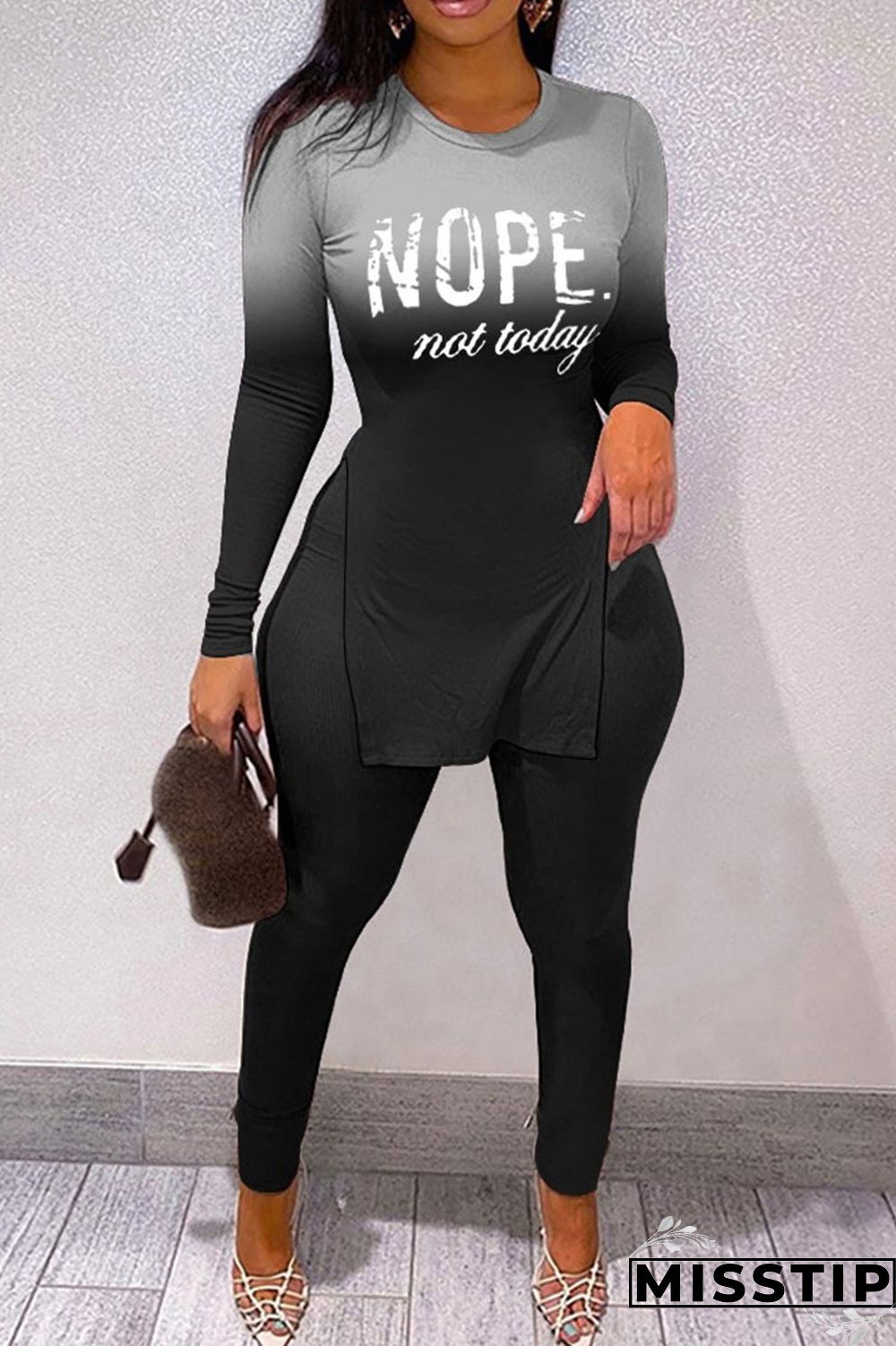 Black Casual Letter Print Patchwork Slit O Neck Long Sleeve Two Pieces