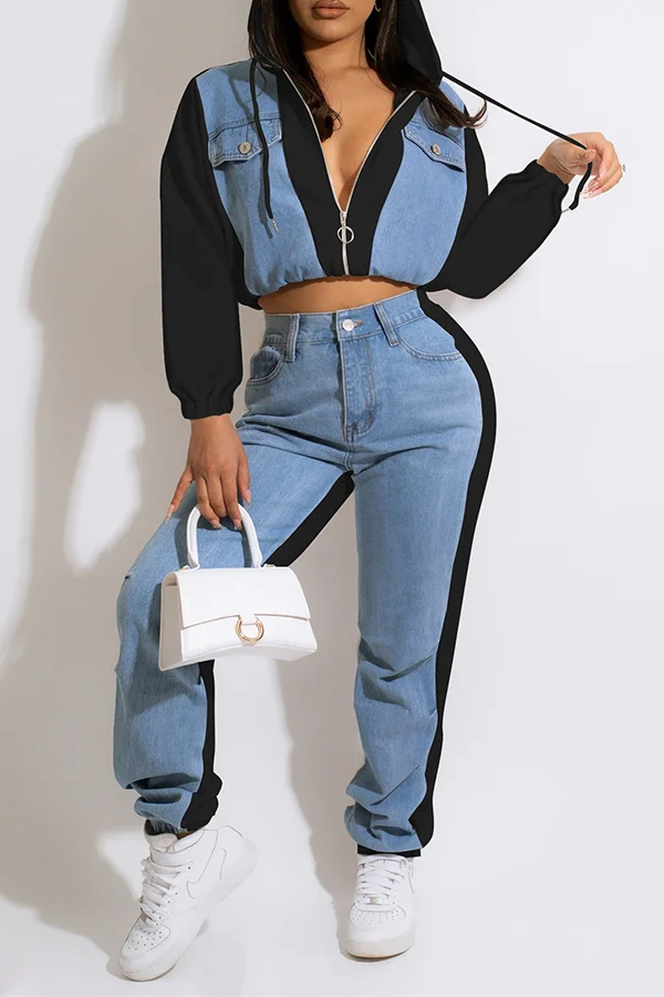 Casual Denim Patchwork Hoodie Suit