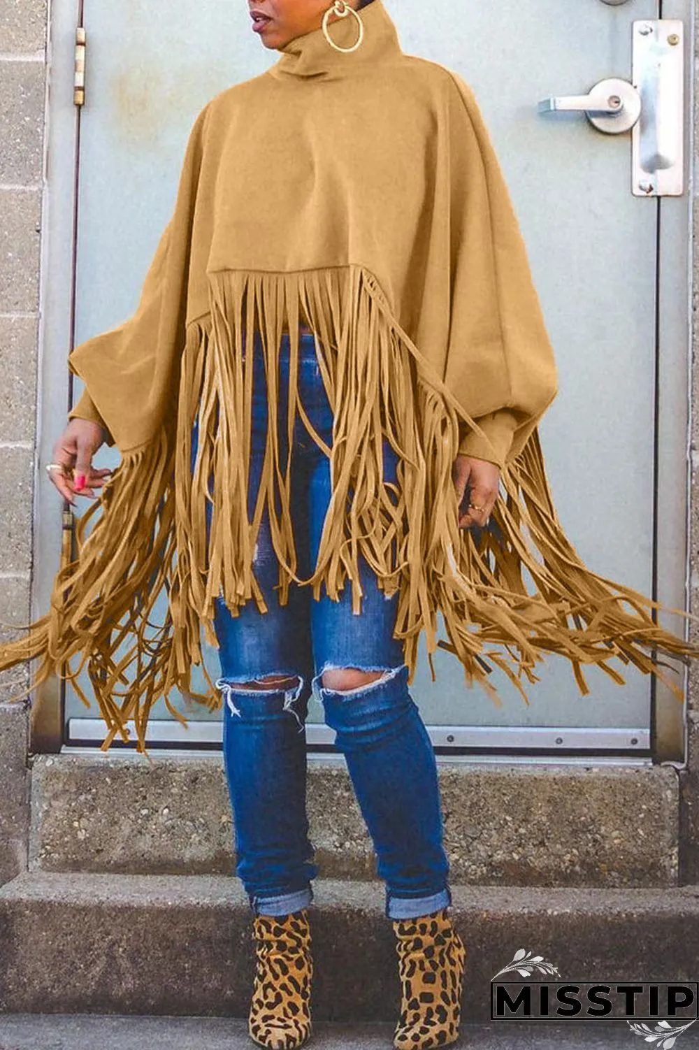 Burgundy Fashion Vintage Solid Tassel Turtleneck Plus Size Overcoat
