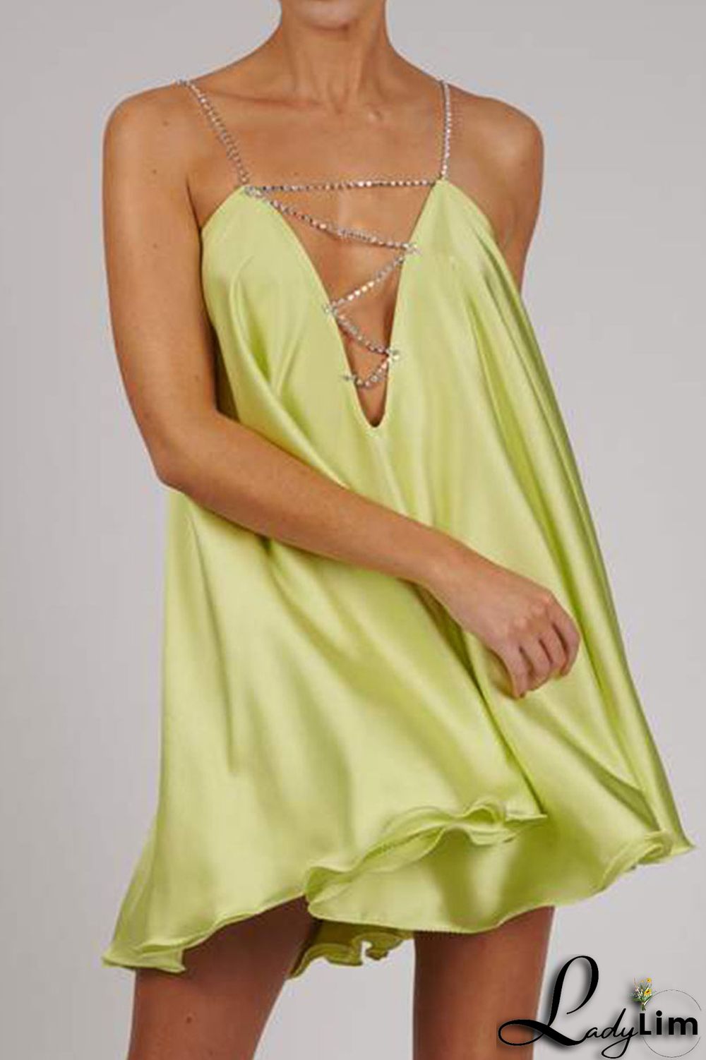 Light Blue Sexy Solid Patchwork Chains Asymmetrical Spaghetti Strap A Line Dresses