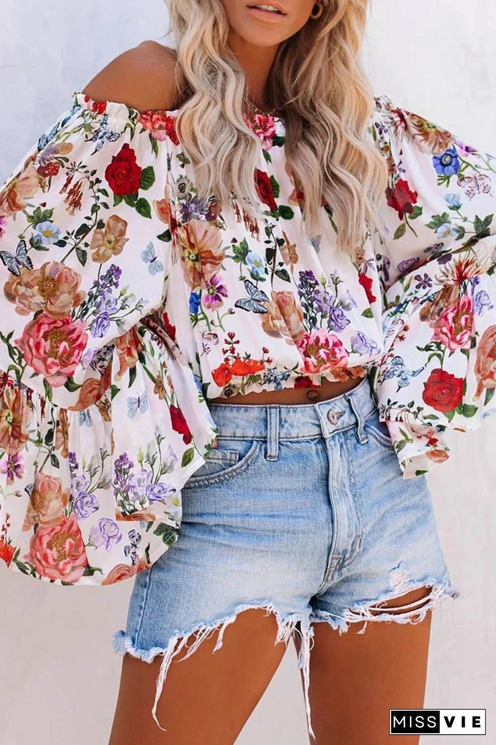 Casual Print Patchwork Off The Shoulder Tops