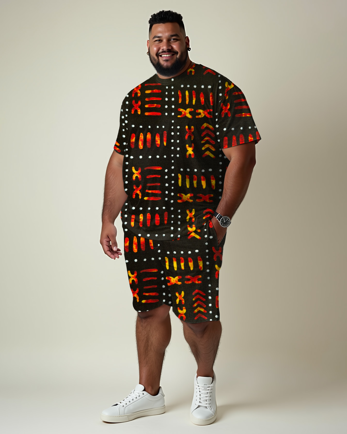 Traditional Culture Color Print T-Shirt Shorts Suit Men's Plus Size