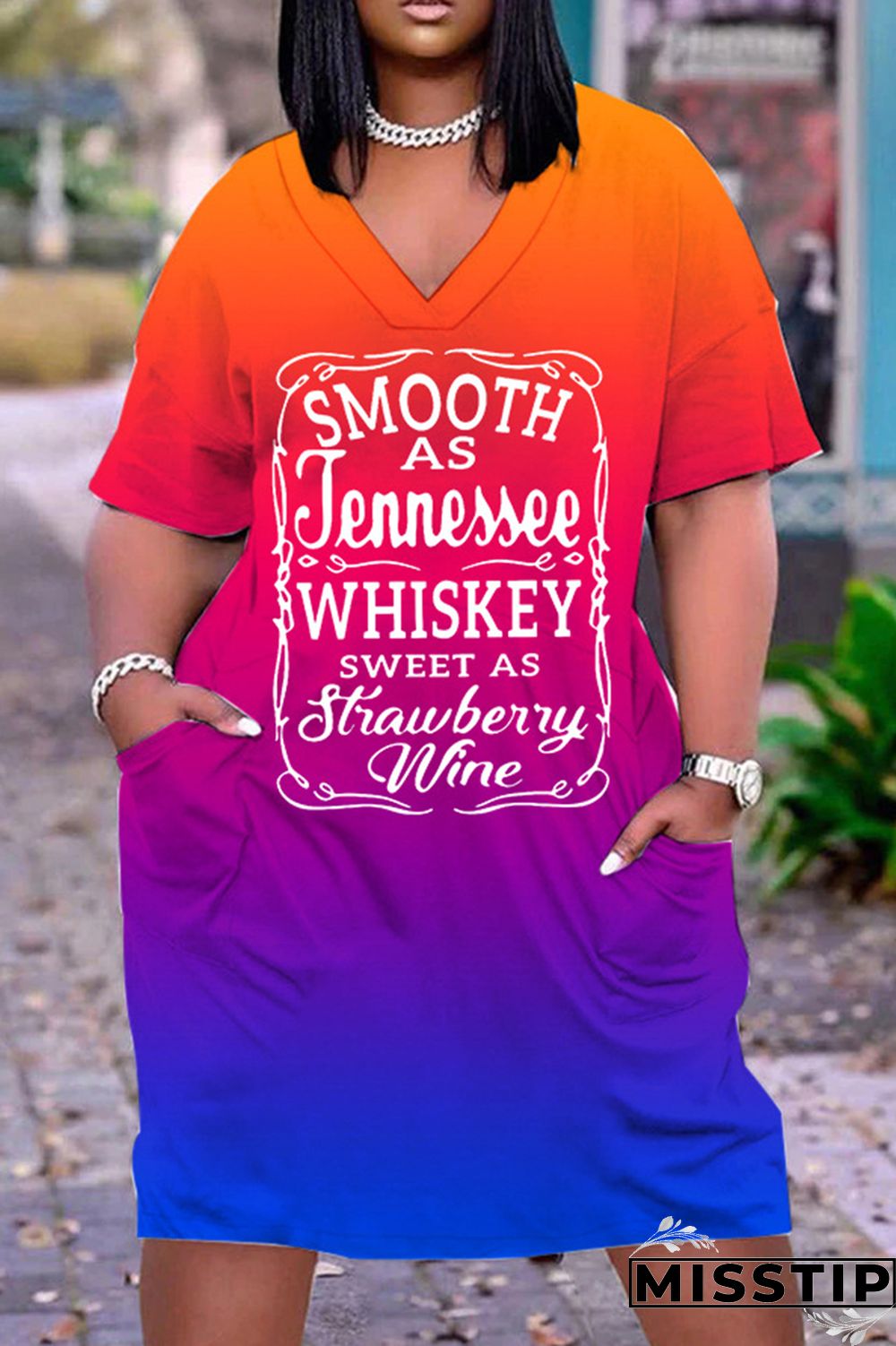 Blue Pink Casual Print Basic V Neck Short Sleeve Dress