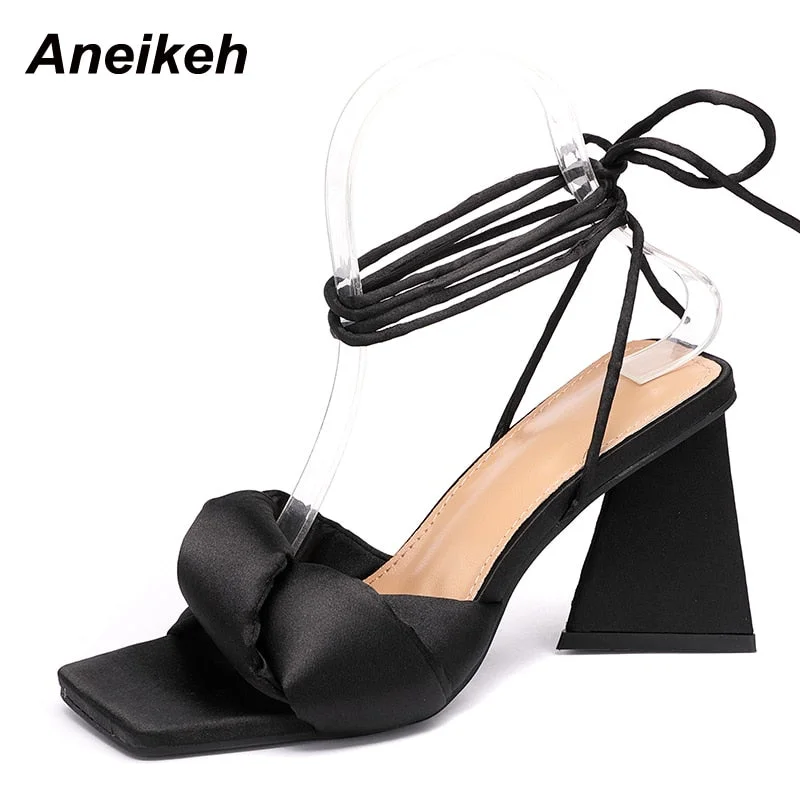Aneikeh Sweet 2022 Summer Solid Women Shoes Silk Turned-Over Edge Concise Open Toe Ankle Cross-Tied Sandals Zapatos De Mujer