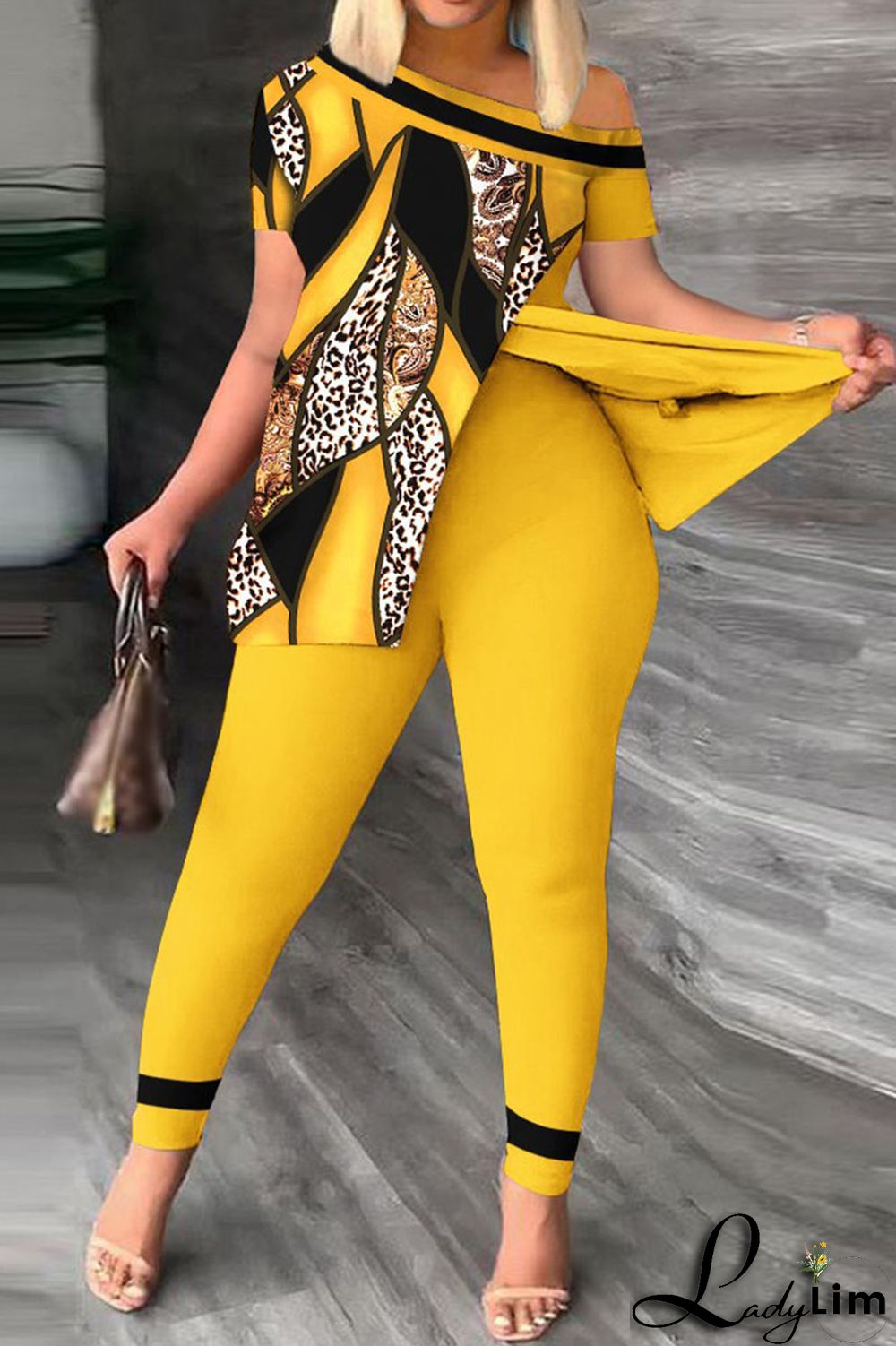 Red Casual Print Patchwork Slit Asymmetrical Oblique Collar Short Sleeve Two Pieces