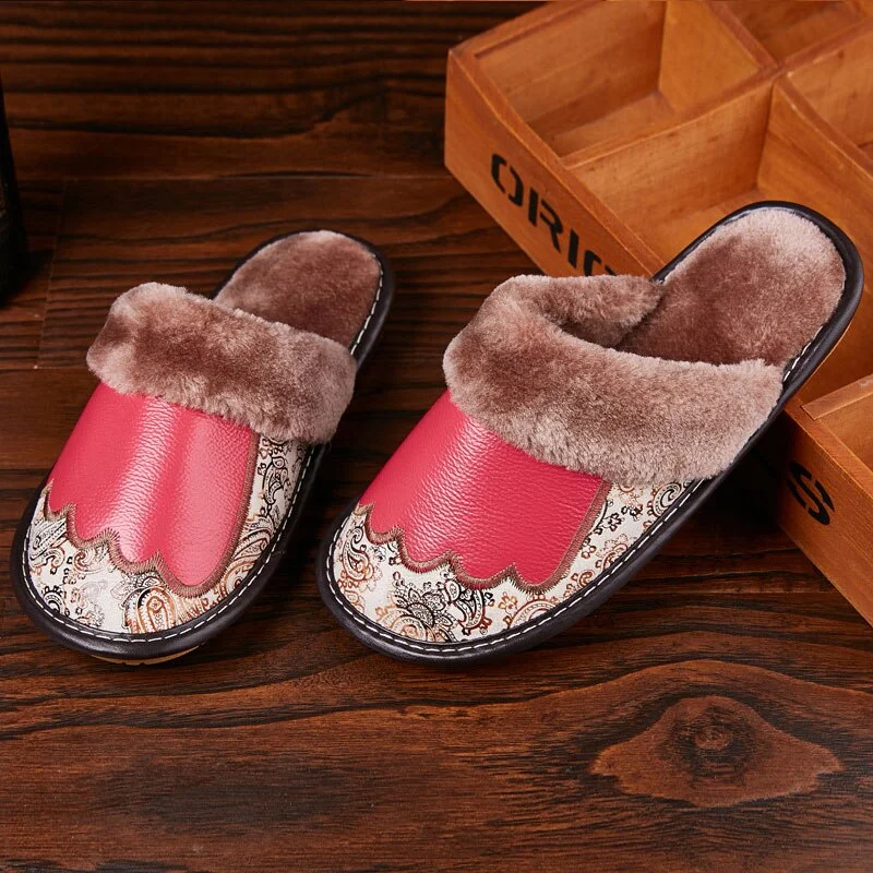 Genuine Leather Slippers Women Luxury Velvet Fur Slippers Pattern House Slippers Winter Indoor Slippers Living Soft Shoes Women