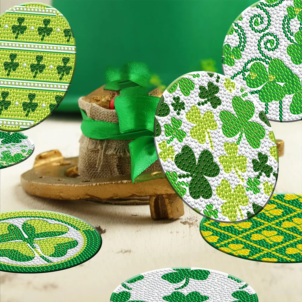 8pcs DIY Saint Patricks Day Wooden Diamond Painting Art Coaster Kit with Holder for Adults Kids