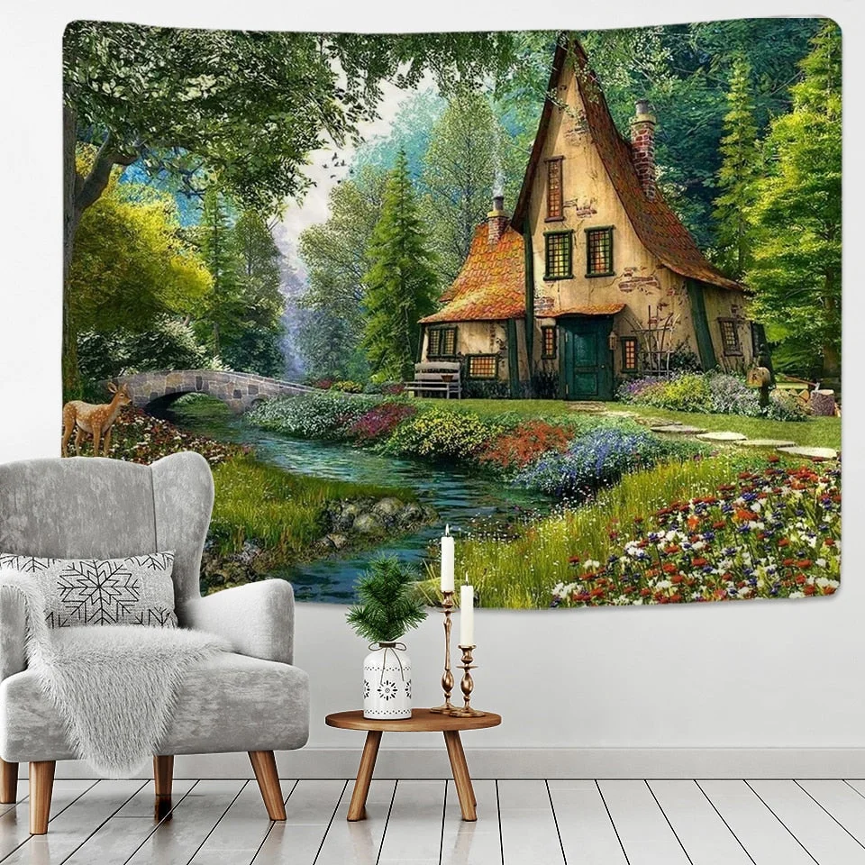 Fairy Tale Cottage Forest Tapestry Wall Hanging Bohemia Art Print Tapestry Room Home Decoration Hippie Pattern