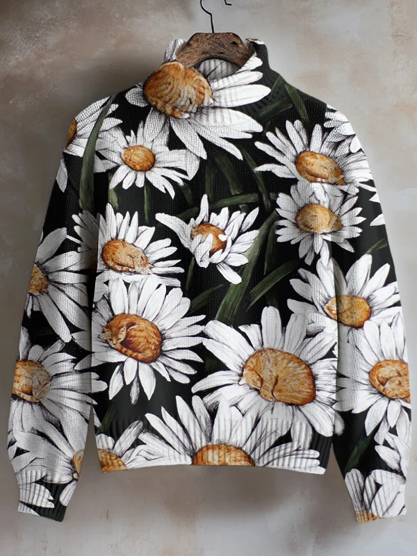 Women's Daisies and Cats Art Print High Neck Knit Sweatshirt