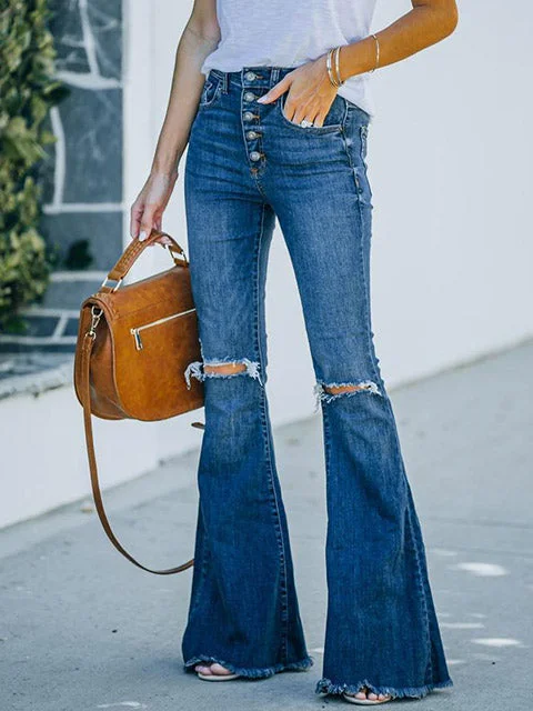High Waist Buttons Ripped Jeans