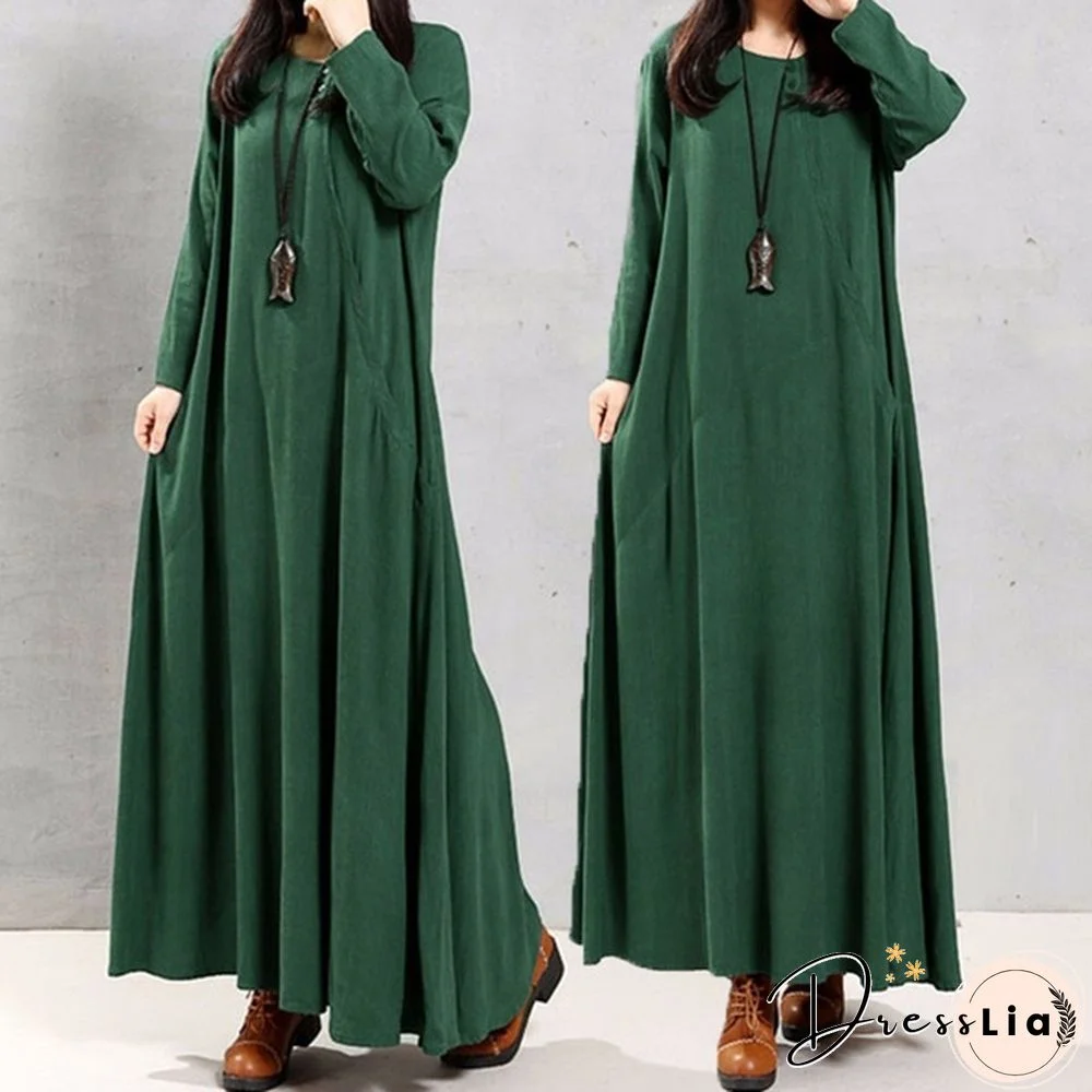 Vintage Womens Long Sleeve Long Tunic Skirts Solid Color Loose kaftan Maxi Dress Robes 7 Colors