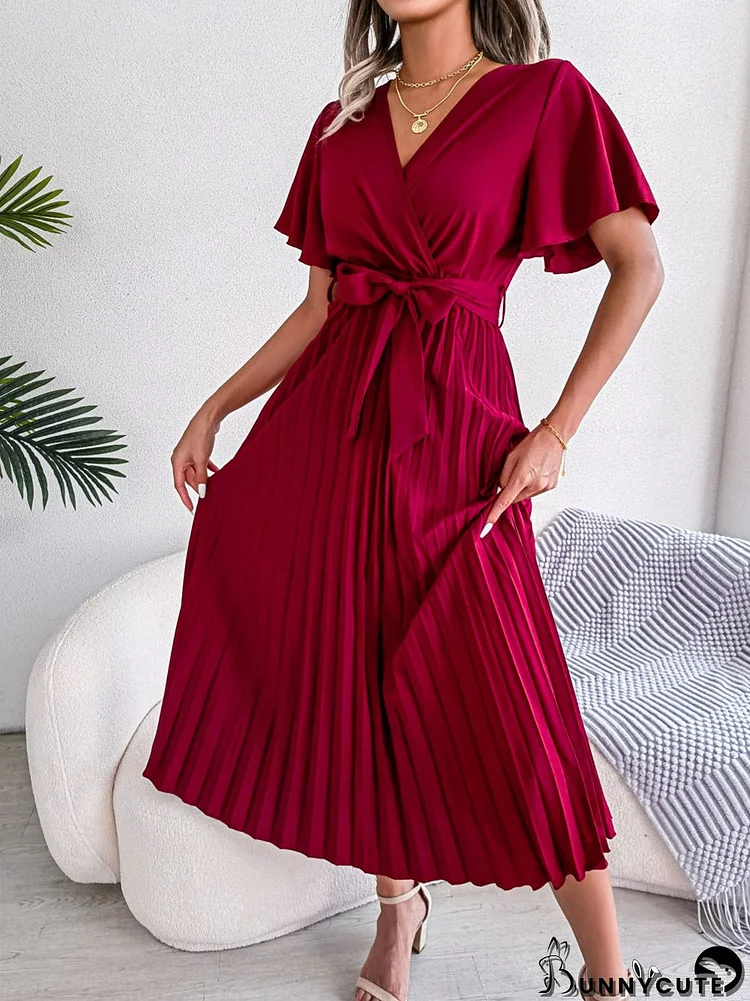 Short Sleeve V Neck Solid Color Pleated Long Dress