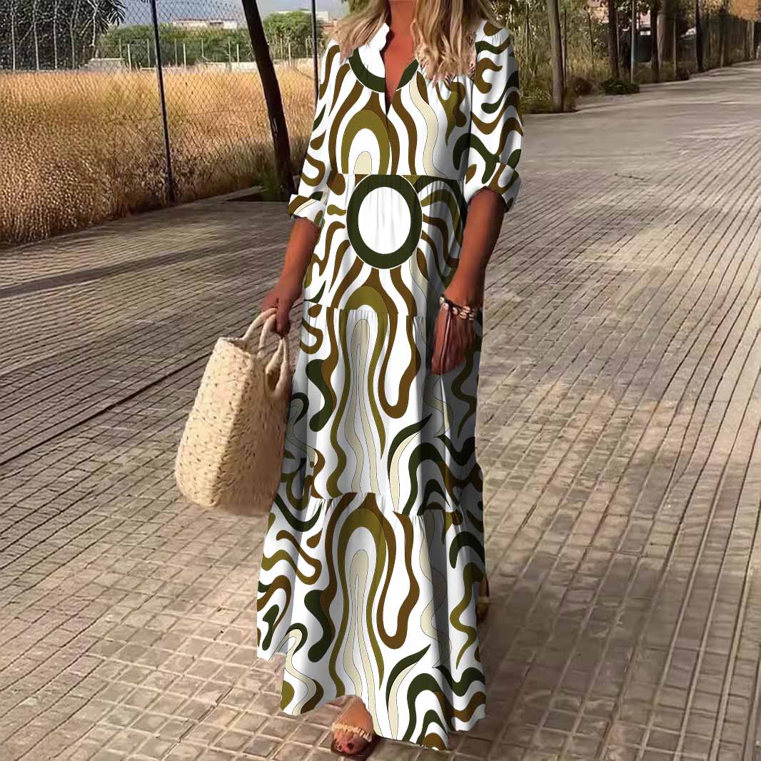 Women Abstract, Black, Brown DZDN0168 SPU Printed Long Sleeve V-neck Maxi Dress